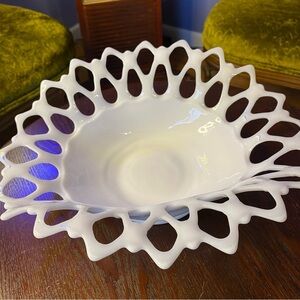 Vintage Westmoreland Doric Open Lace Edge Milk Glass Large Fruit Bowl